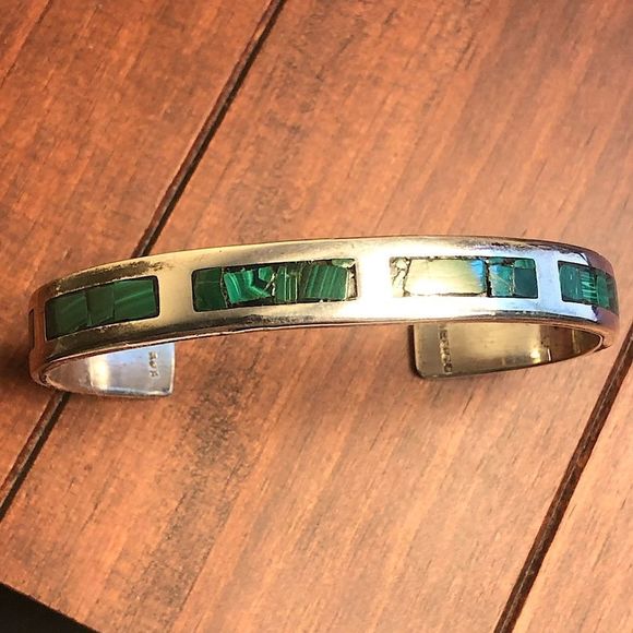 TAXCO Sterling Silver & Malachite Cuff Bangle Bracelet - Picture 6 of 10